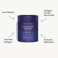 Collagen Dream Hot Chocolate tub with arrows highlighting product benefits: low calories, less than 1g sugar, collagen for skin, hair and nails, and promotes relaxation.