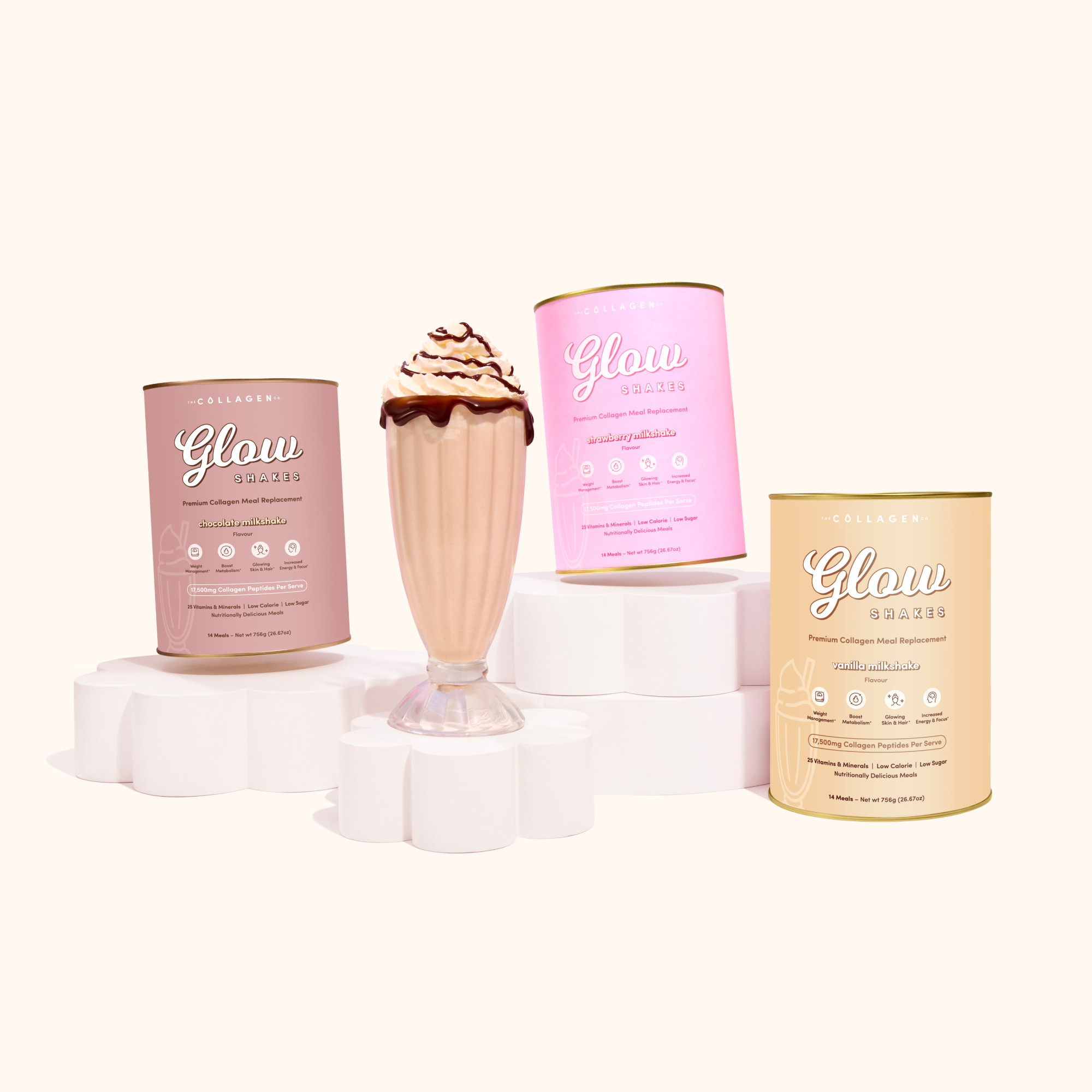 Three cans of Glow Shakes (vanilla, strawberry, and chocolate) are showcased with corresponding milkshakes in tall glasses topped with whipped cream and chocolate fudge.