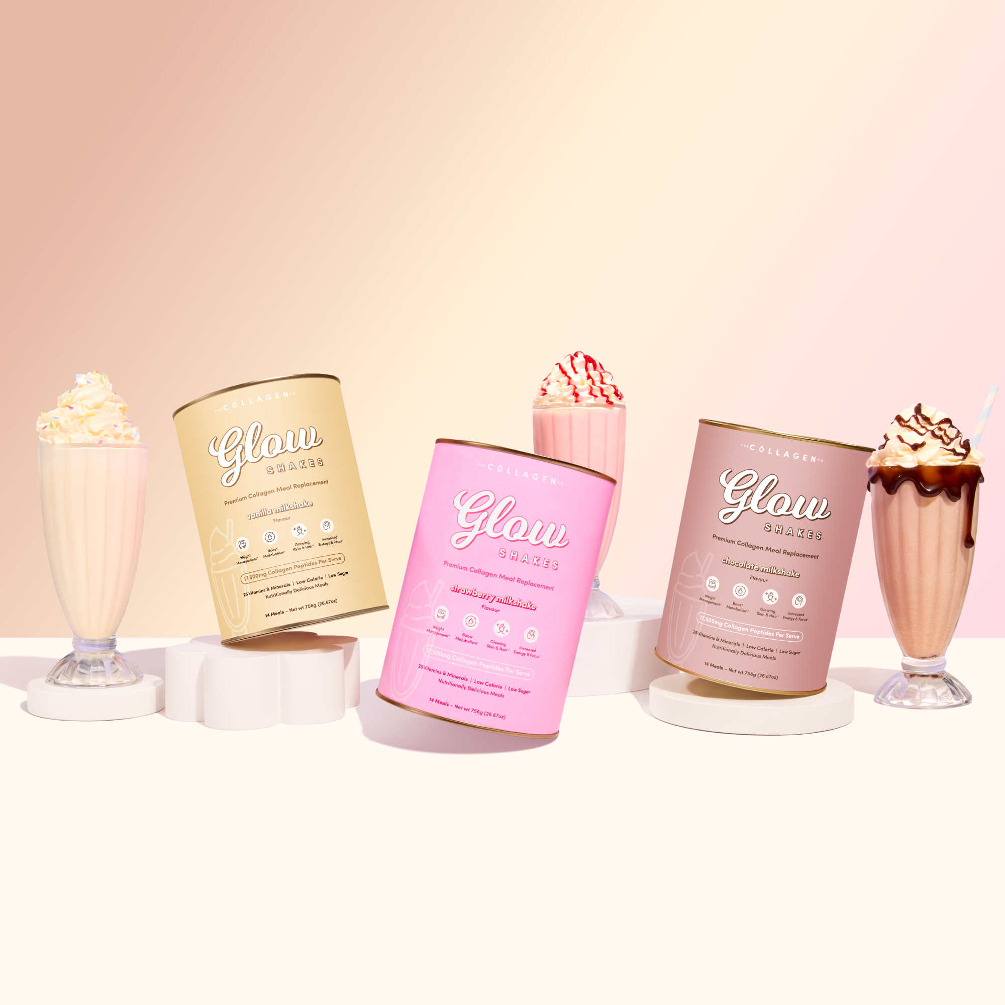 Three cans of Glow Shakes (vanilla, strawberry, and chocolate) are showcased with corresponding milkshakes in tall glasses topped with whipped cream and chocolate fudge, against a soft pastel gradient background.