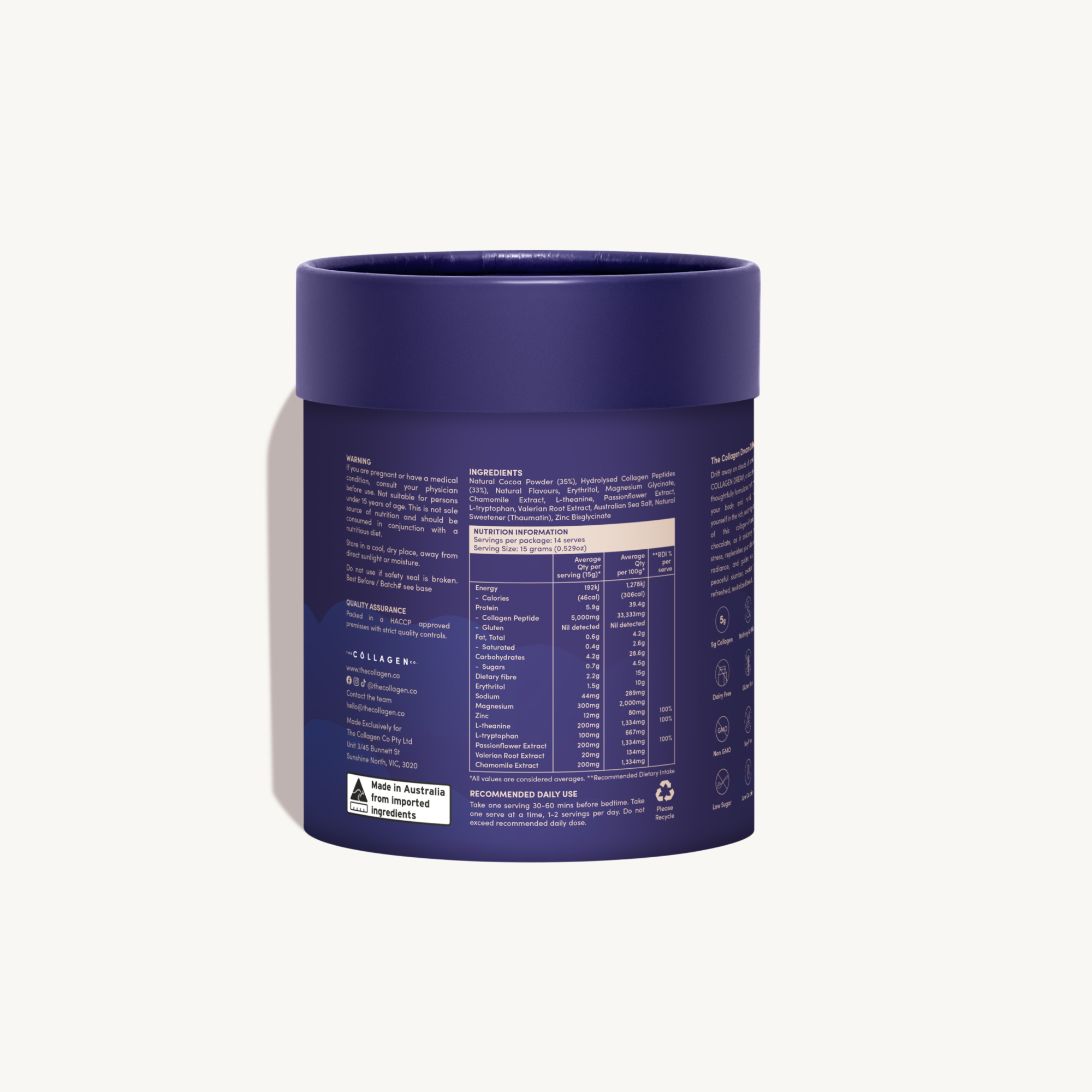 Back label of Collagen Dream Hot Chocolate tub showing nutritional information, ingredients list, usage directions, and product assurance details.