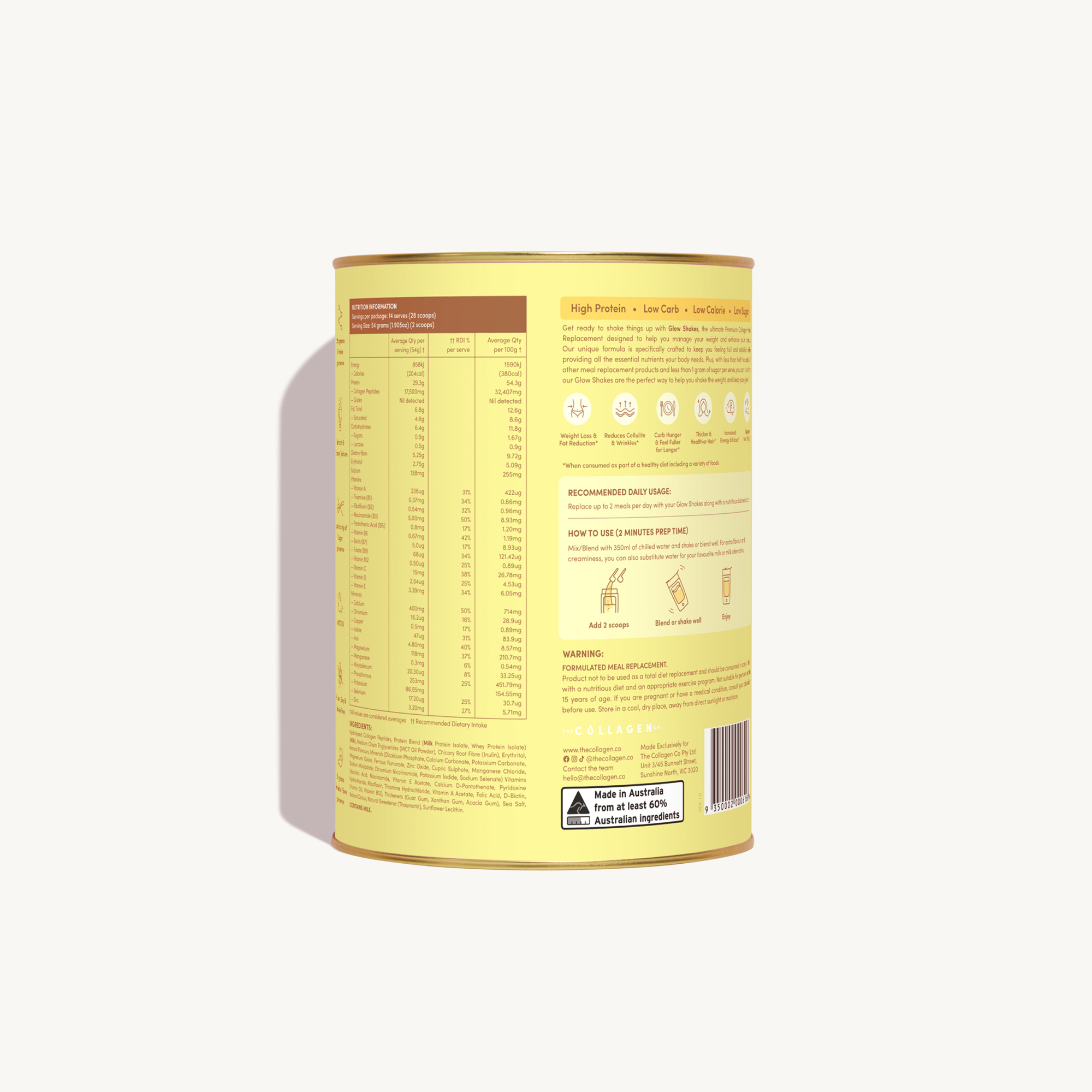 The back view of the Glow Shakes canister showing detailed nutritional information, instructions, ingredients list, and usage guidance. The text promotes the product's low carb, high protein, and low sugar content.