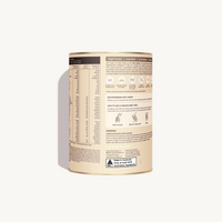 Back view of the vanilla Glow Shakes canister, showcasing detailed nutritional information, ingredients, preparation instructions, and product spotlights like high protein, low sugar, and collagen content.