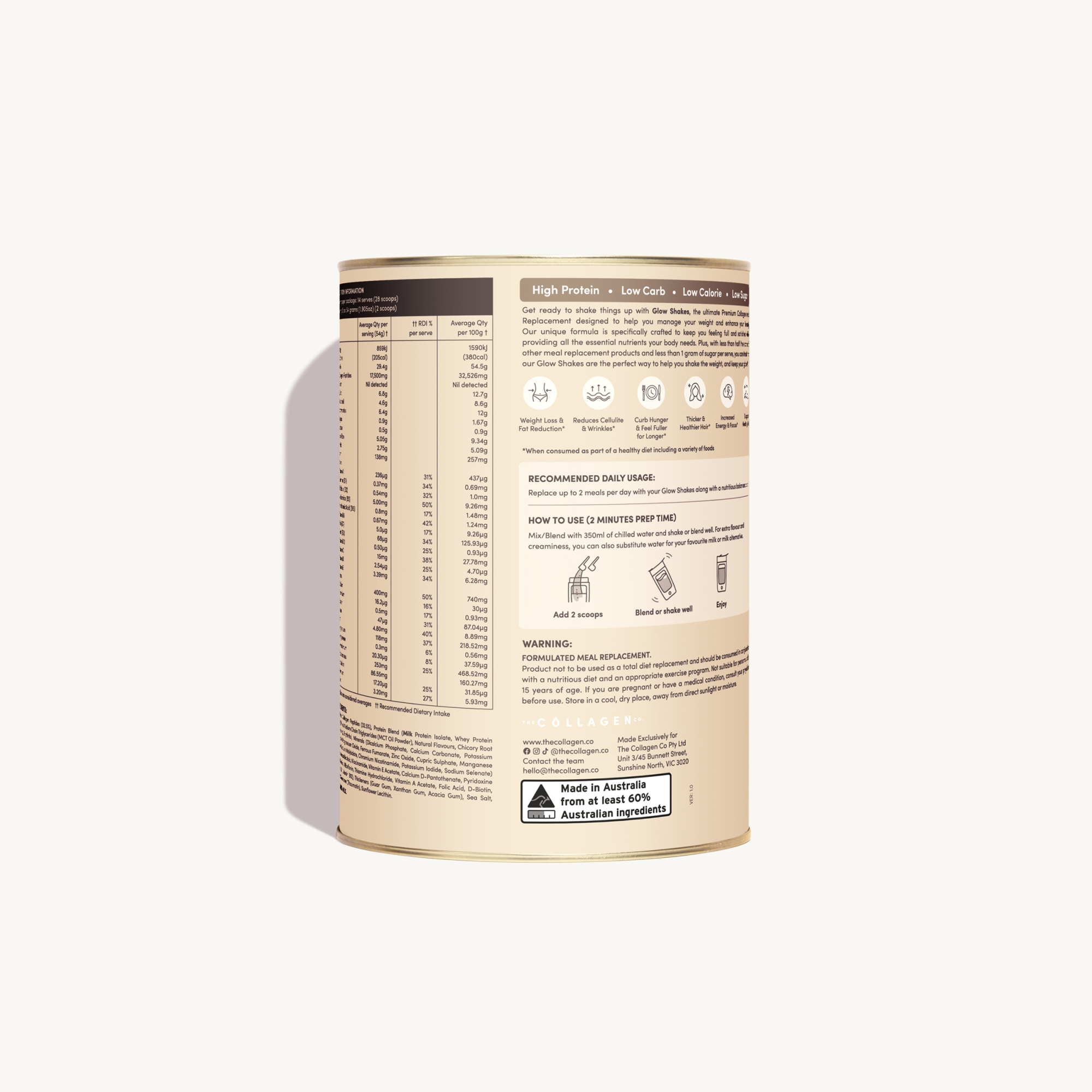 Back view of the vanilla Glow Shakes canister, showcasing detailed nutritional information, ingredients, preparation instructions, and product spotlights like high protein, low sugar, and collagen content.