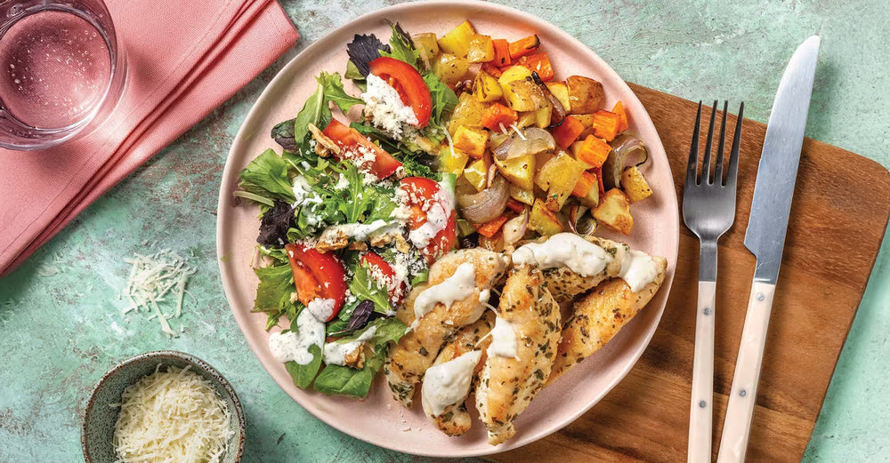 Garlicky Beef & Caesar-Style Salad with Roast Veggies & Walnuts