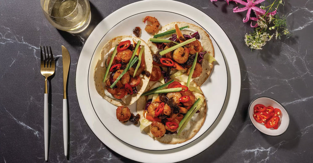 Seared Asian-Style Prawn & Cucumber Tacos with Cherry Tomato Salad & Garlic-Mint Yoghurt
