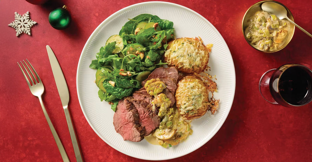 Beef Mini Roast & Leek Mushroom Sauce with Parmesan Hasselback Potatoes & Cucumber Salad