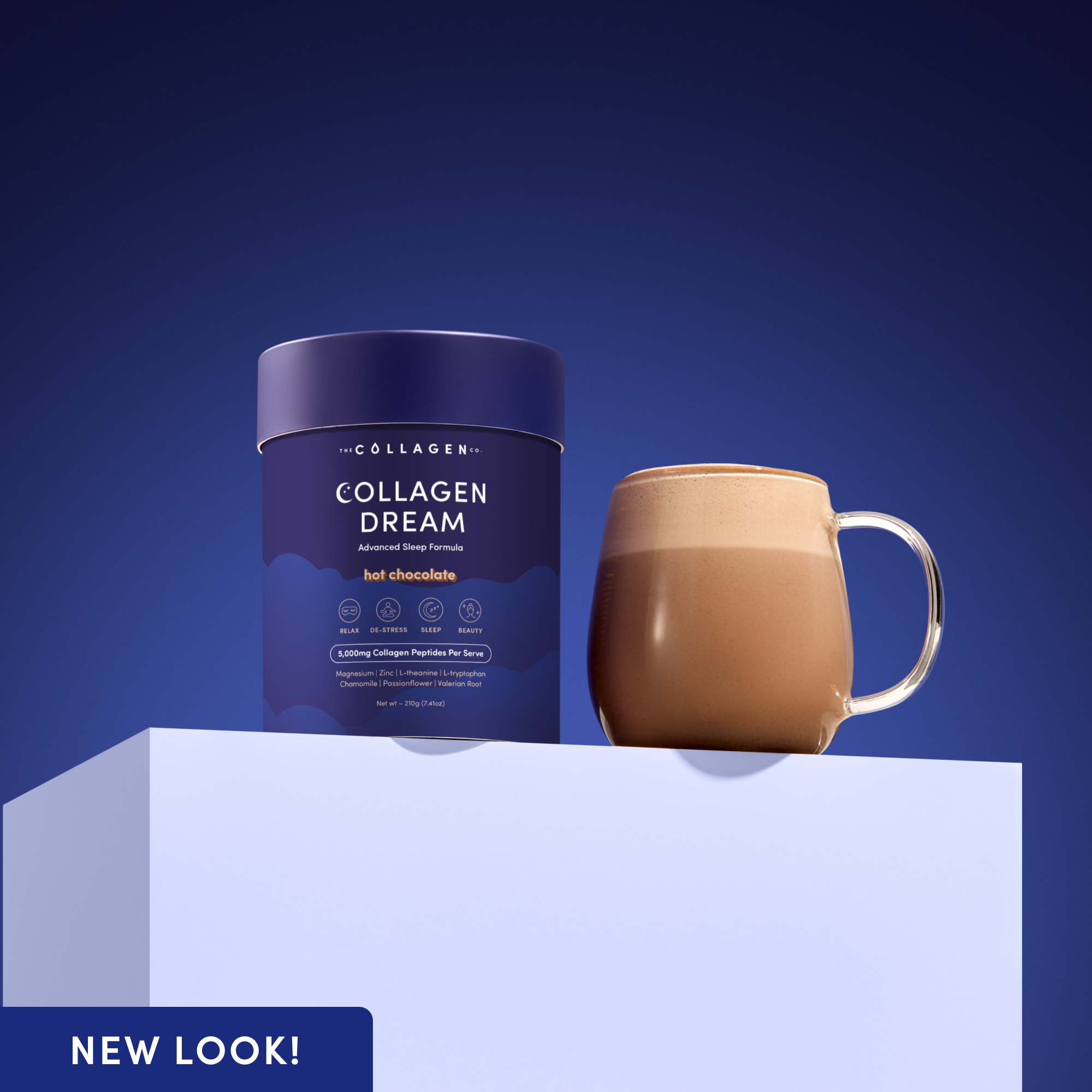 Collagen Dream Hot Chocolate tub with a steaming glass mug of the drink on a modern blue pedestal, with 'New Look!' label.