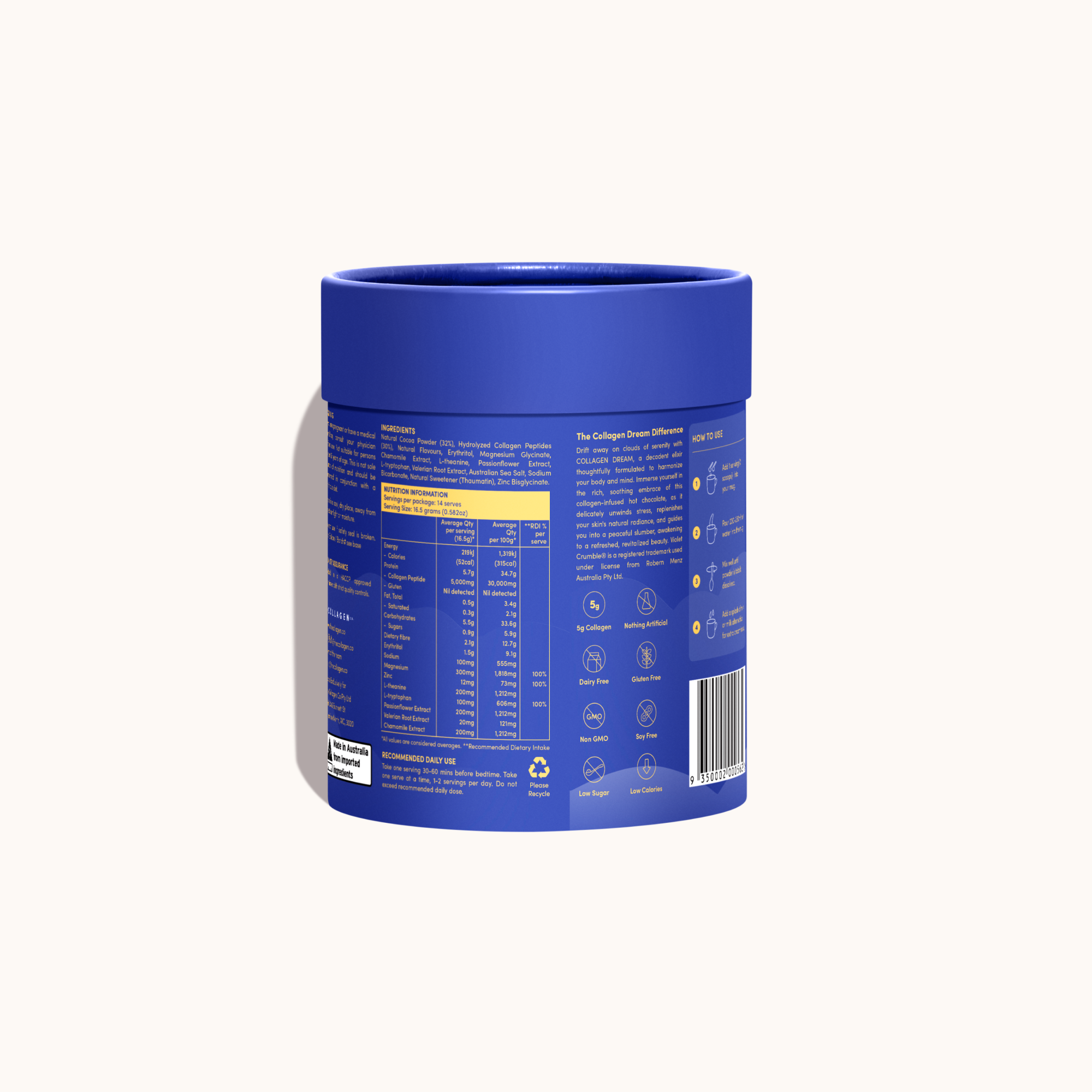 Back of the Collagen Dream Violet Crumble tub showing nutrition panel, ingredients list, product benefits, and instructions for use on a light cream background.