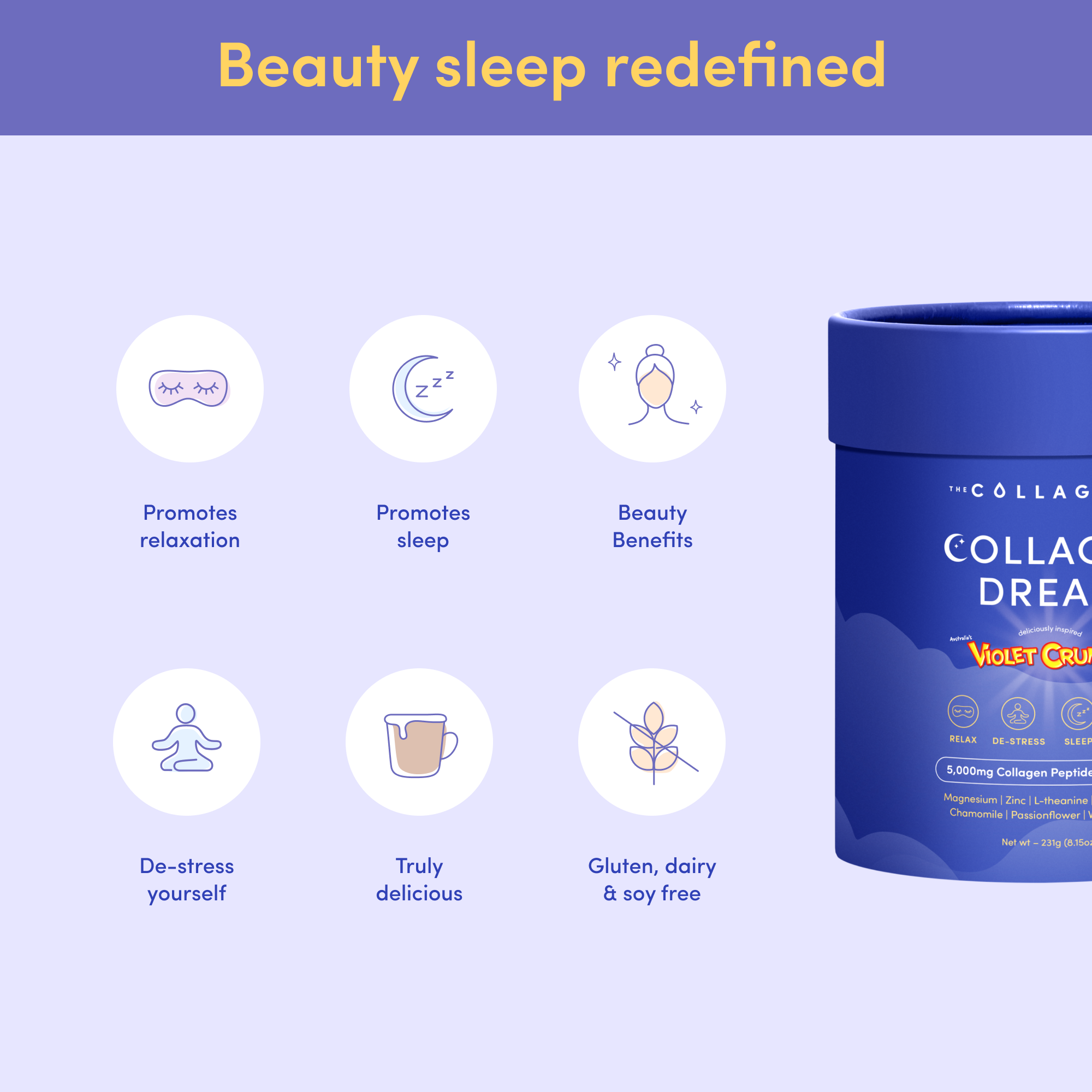 Infographic showing lifestyle benefits of Collagen Dream Violet Crumble: promotes relaxation, sleep, beauty benefits, de-stressing, delicious flavour, and being gluten, dairy, and soy free.
