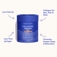 Collagen Dream Violet Crumble tub with callouts noting low calories, less than 1g sugar, promotes deeper sleep and relaxation, and contains collagen for skin, hair, and nails.