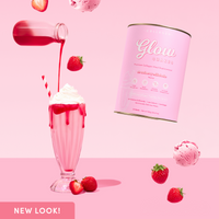 A vibrant image featuring a glass of strawberry milkshake with whipped cream, dripping syrup, and floating strawberries, ice cream scoops, and a pouring bottle of strawberry syrup. The Glow Shakes canister floats beside.