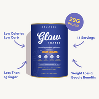 Front view of The Collagen Co. Glow Shake Violet Crumble canister with callouts highlighting 29g protein, low calories, low carbs, less than 1g sugar, 14 servings, and benefits for weight loss and beauty.